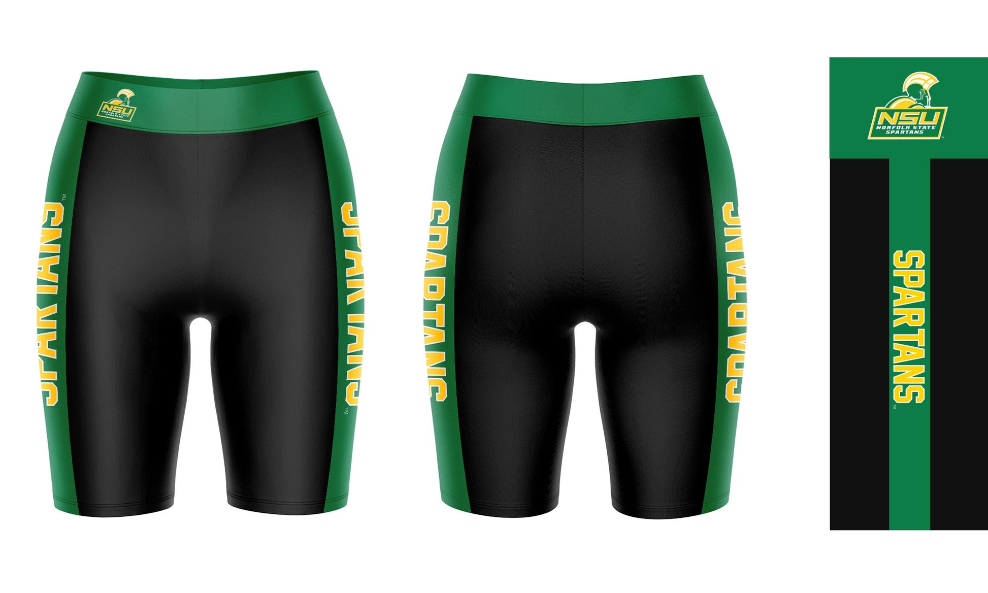 Norfolk State Spartans Vive La Fete Game Day Logo on Waistband and Green Stripes Black Women Bike Short 9 Inseam