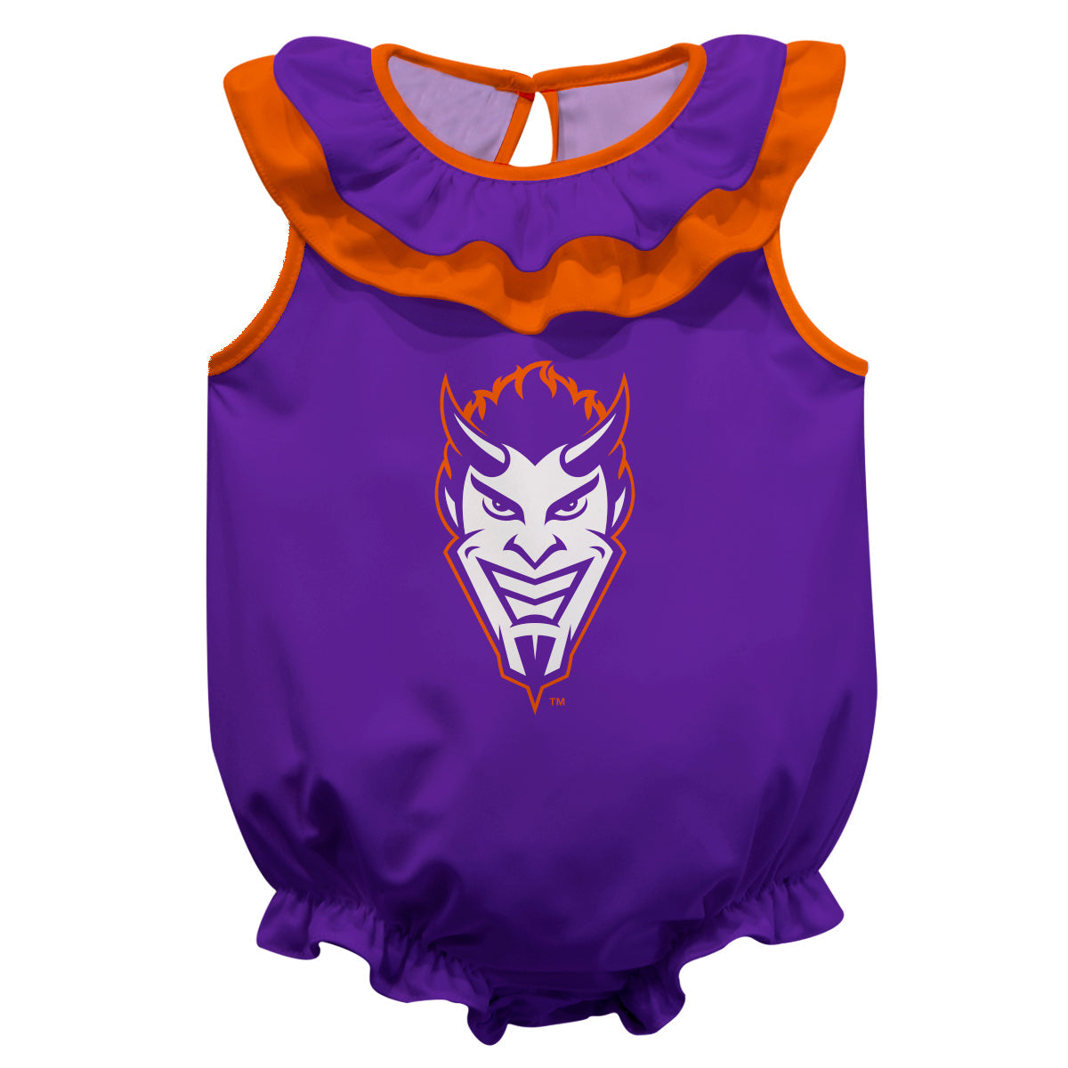 Northwestern State Demons Purple Sleeveless Ruffle One Piece Jumpsuit Logo Bodysuit by Vive La Fete
