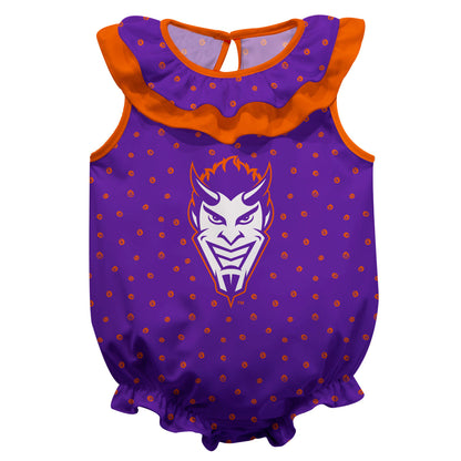 San Francisco State Gators SFSU Northwestern State Demons Swirls Purple Sleeveless Ruffle One Piece Jumpsuit Logo Bodysuit by Vive La Fete