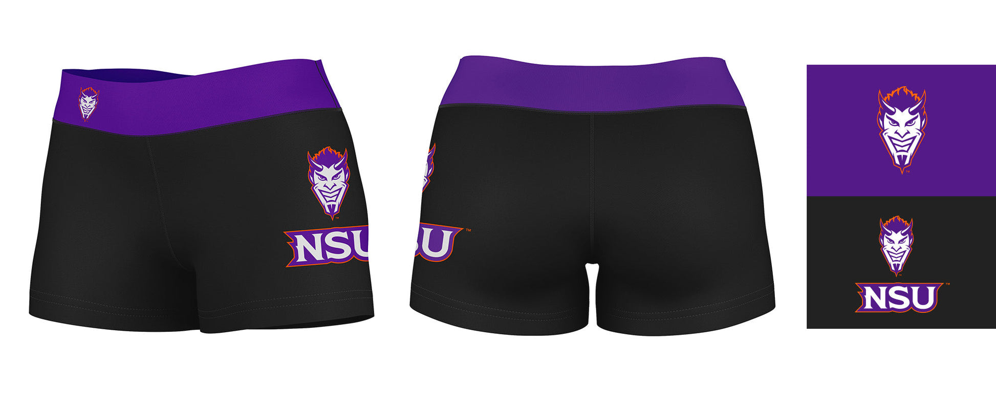 NSU Demons Vive La Fete Game Day Logo on Thigh and Waistband Black & Purple Women Yoga Booty Workout Shorts 3.75 Inseam" - Vive La F̻te - Online Apparel Store