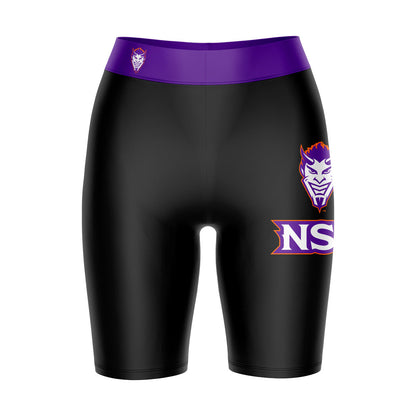 NSU Demons Vive La Fete Game Day Logo on Thigh and Waistband Black and Purple Women Bike Short 9 Inseam"