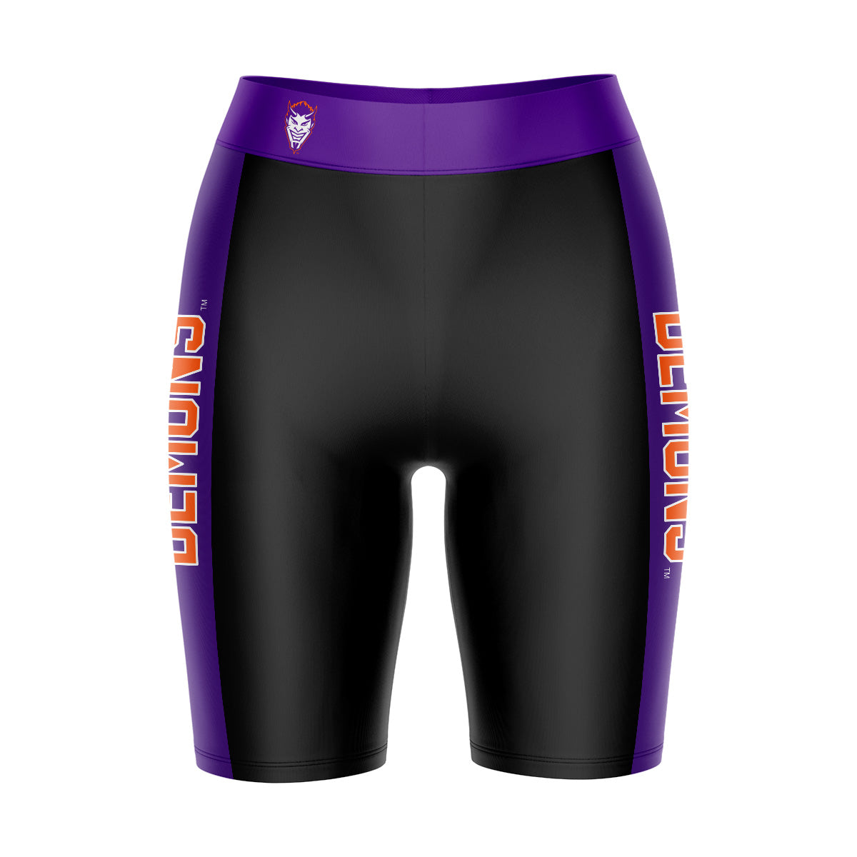 Northwestern State Demons Vive La Fete Game Day Logo on Waistband and Purple Stripes Black Women Bike Short 9 Inseam"