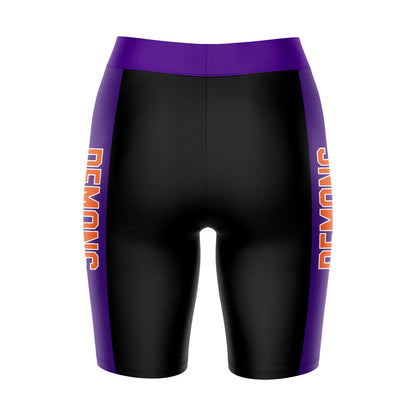 Northwestern State Demons Vive La Fete Game Day Logo on Waistband and Purple Stripes Black Women Bike Short 9 Inseam"