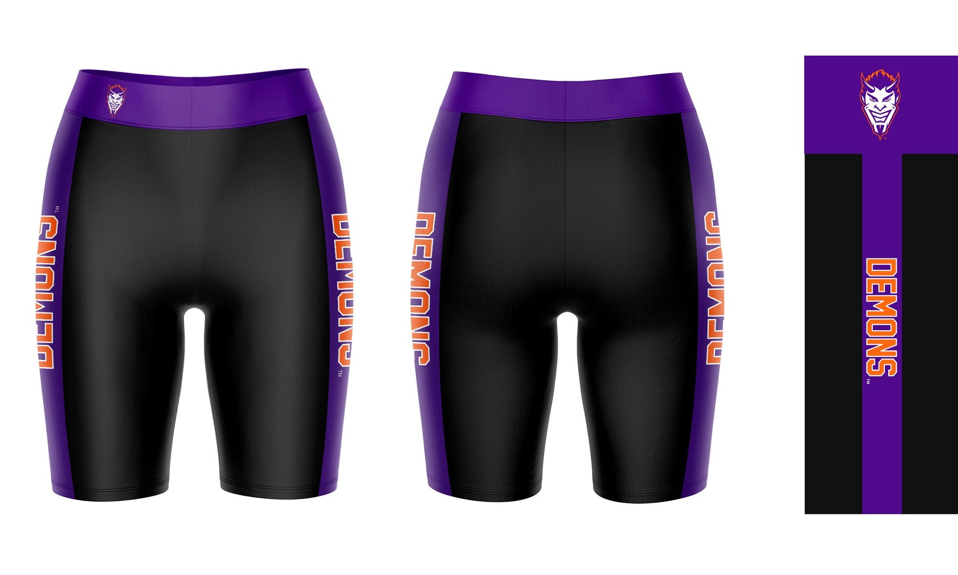 Northwestern State Demons Vive La Fete Game Day Logo on Waistband and Purple Stripes Black Women Bike Short 9 Inseam"
