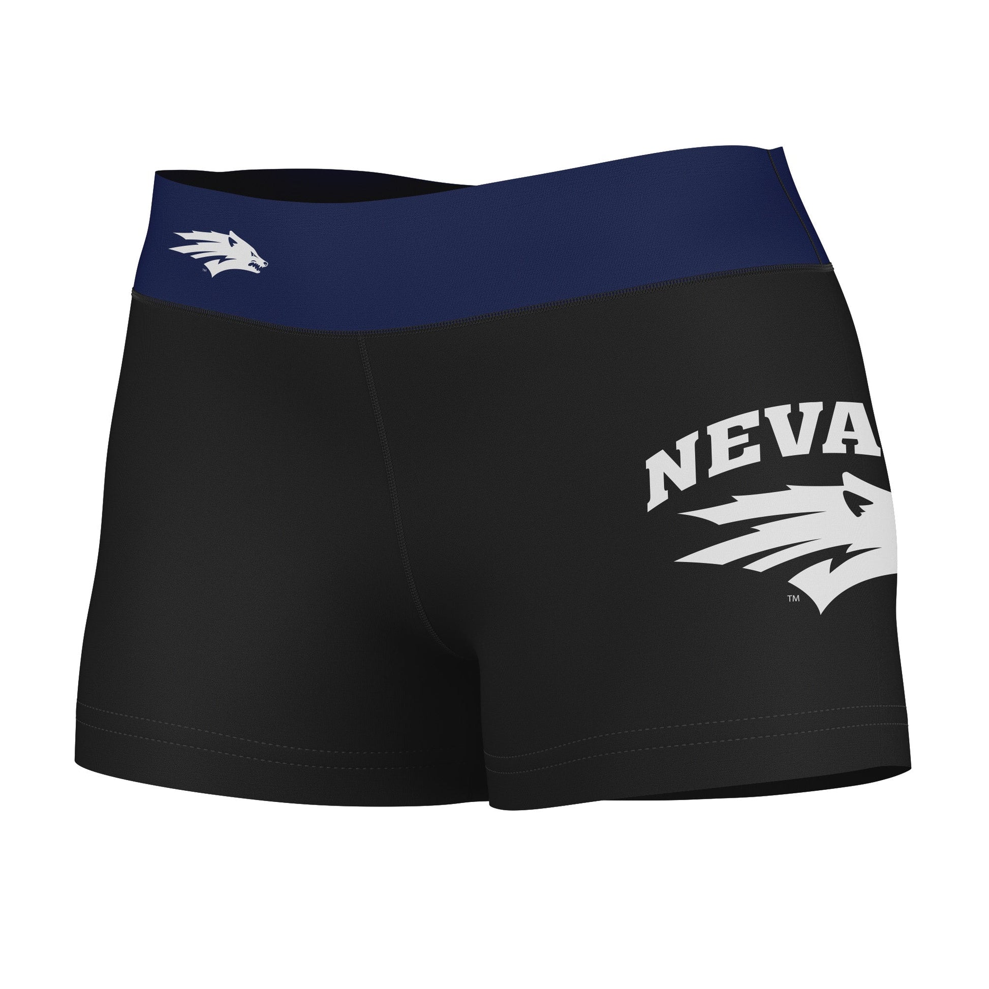 Nevada Wolfpack UNR Vive La Fete Logo on Thigh and Waistband Black & Navy Women Yoga Booty Workout Shorts 3.75 Inseam"