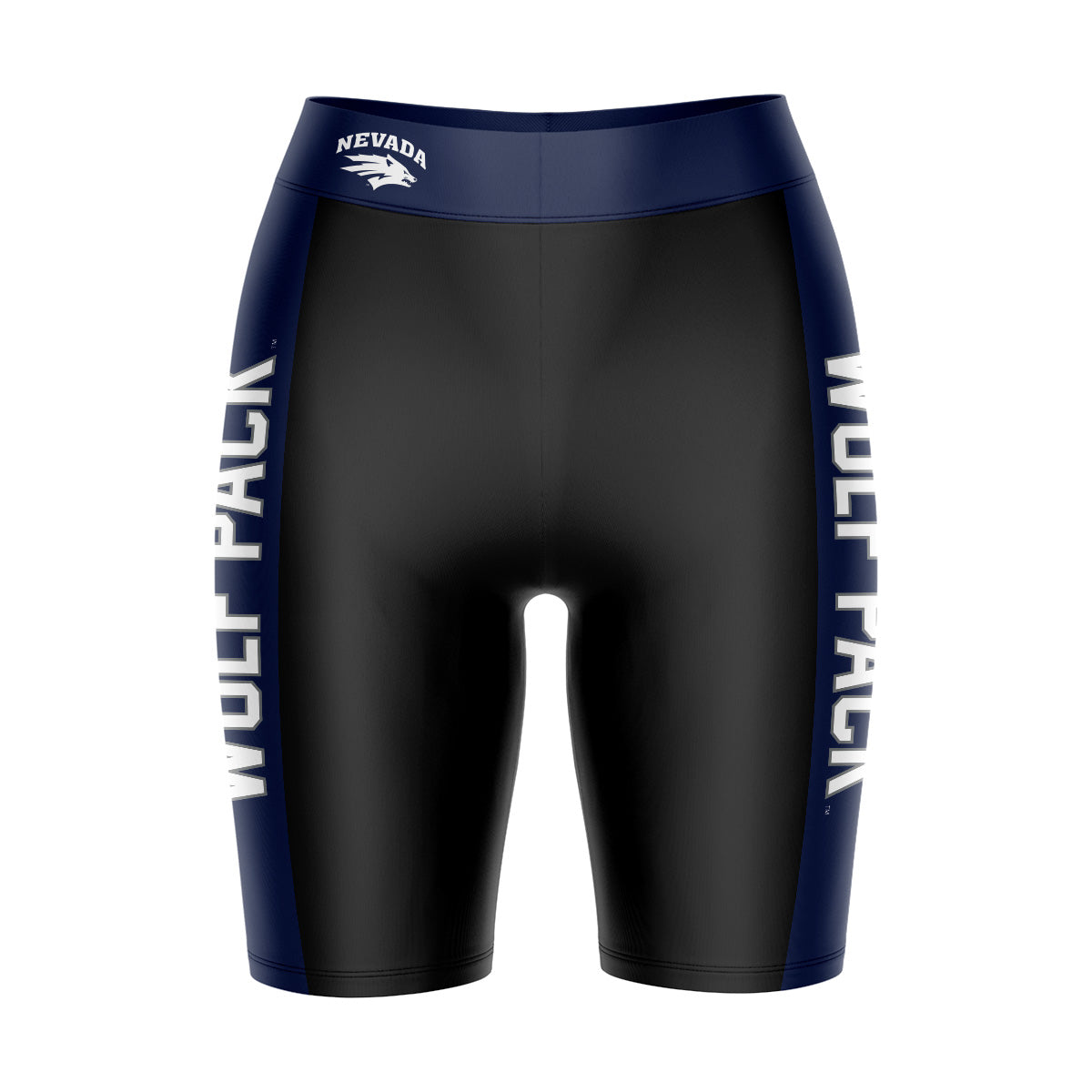 Nevada Wolfpack UNR Vive La Fete Game Day Logo on Waistband and Navy Stripes Black Women Bike Short 9 Inseam