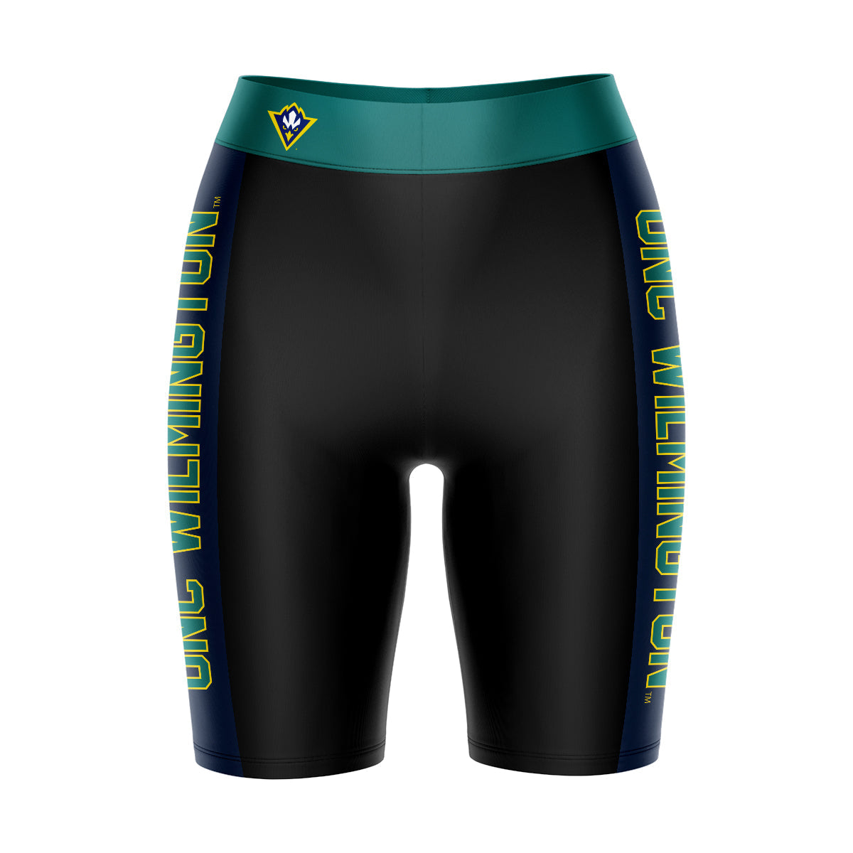 UNC Wilmington Seahawks UNCW Vive La Fete Game Day Logo on Waistband and Blue Stripes Black Women Bike Short 9 Inseam