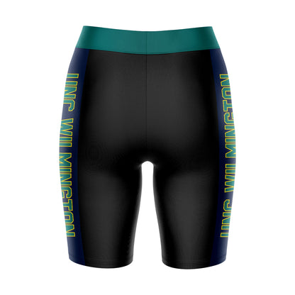 UNC Wilmington Seahawks UNCW Vive La Fete Game Day Logo on Waistband and Blue Stripes Black Women Bike Short 9 Inseam