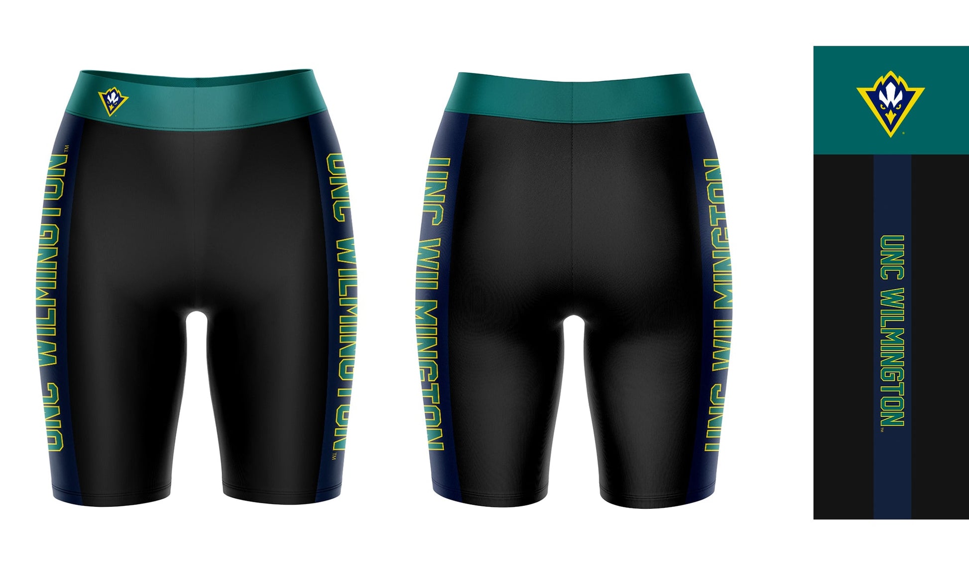 UNC Wilmington Seahawks UNCW Vive La Fete Game Day Logo on Waistband and Blue Stripes Black Women Bike Short 9 Inseam