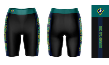 UNC Wilmington Seahawks UNCW Vive La Fete Game Day Logo on Waistband and Blue Stripes Black Women Bike Short 9 Inseam