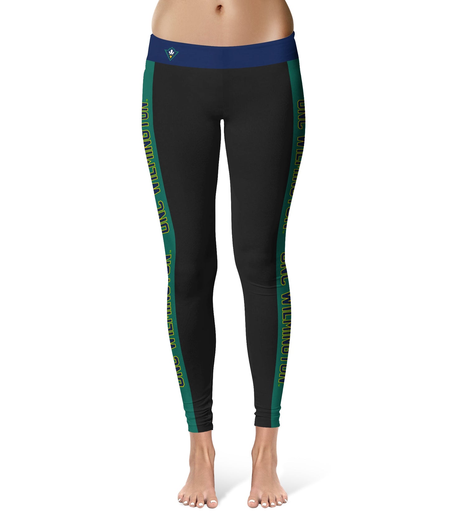 UNC Wilmington Seahawks UNCW Vive La Fete Game Day Collegiate Teal Stripes Women Black Yoga Leggings 2 Waist Tights