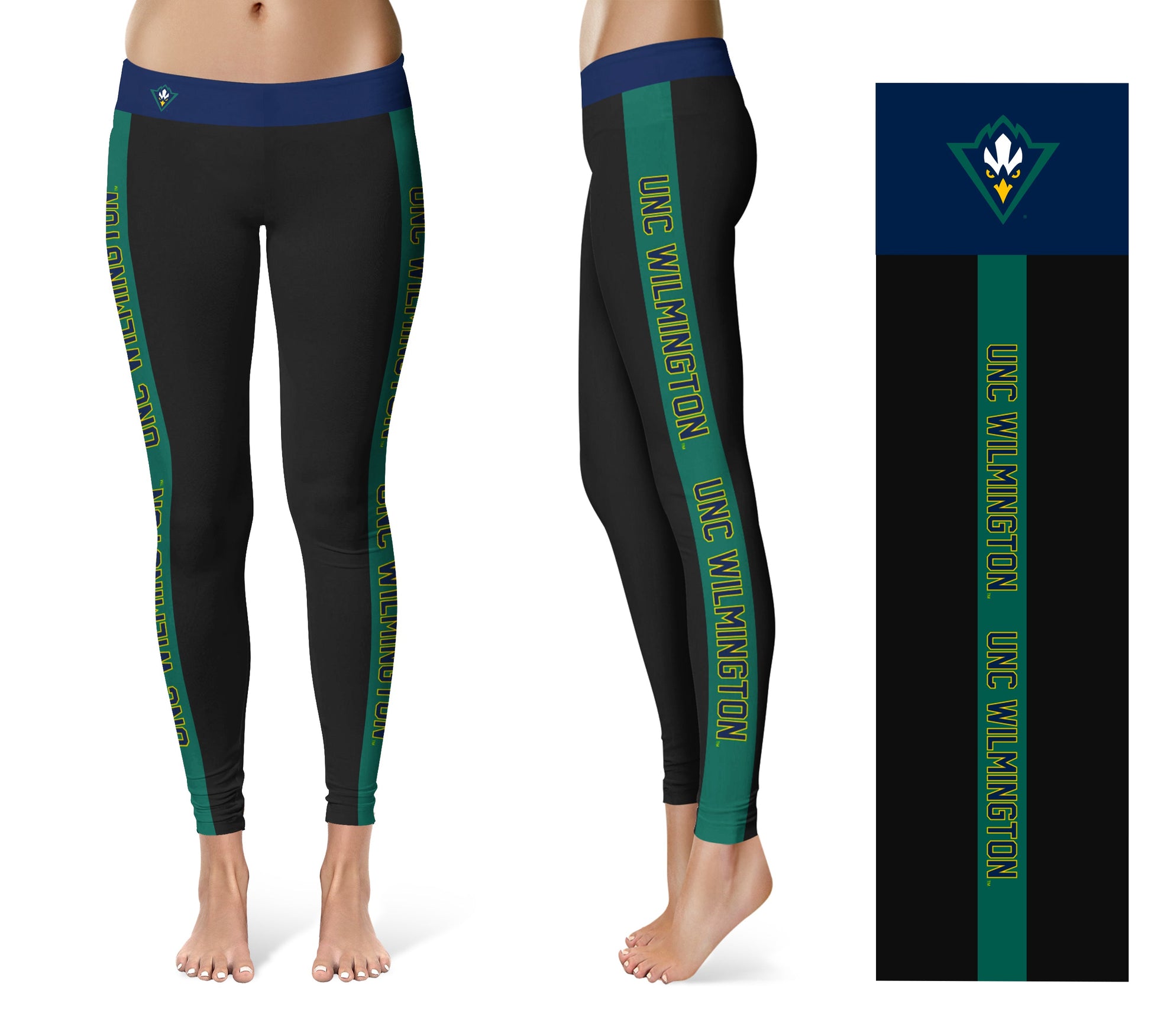 UNC Wilmington Seahawks UNCW Vive La Fete Game Day Collegiate Teal Stripes Women Black Yoga Leggings 2 Waist Tights