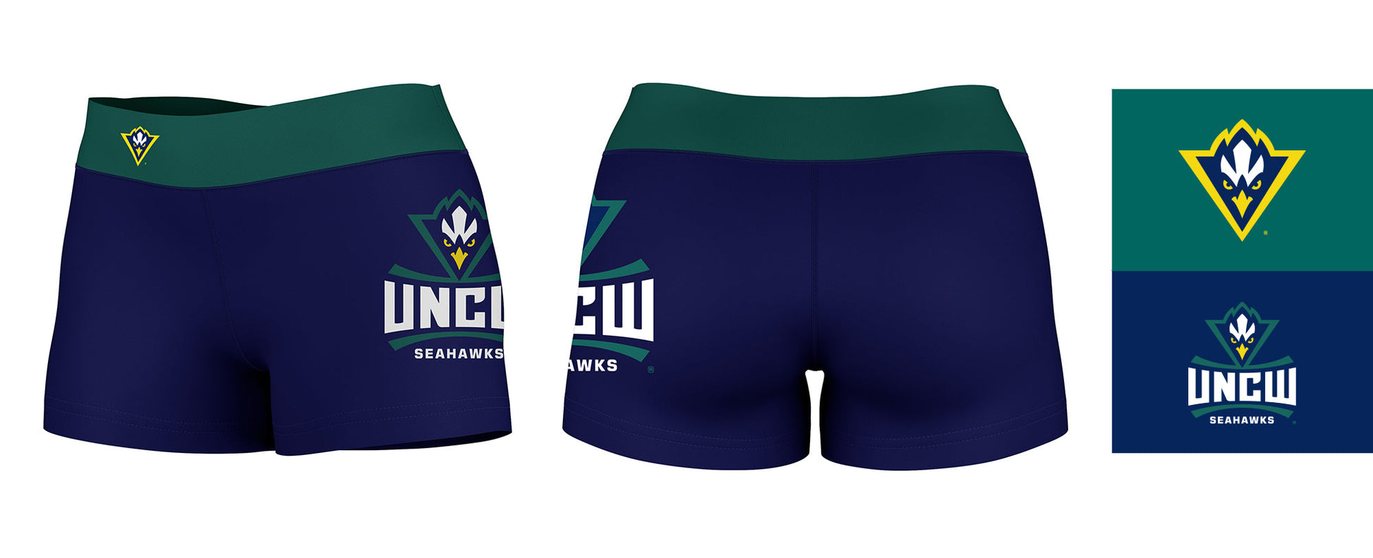 UNC Wilmington Seahawks UNCW  Logo on Thigh & Waistband Blue Teal Women Yoga Booty Workout Shorts 3.75 Inseam - Vive La F̻te - Online Apparel Store
