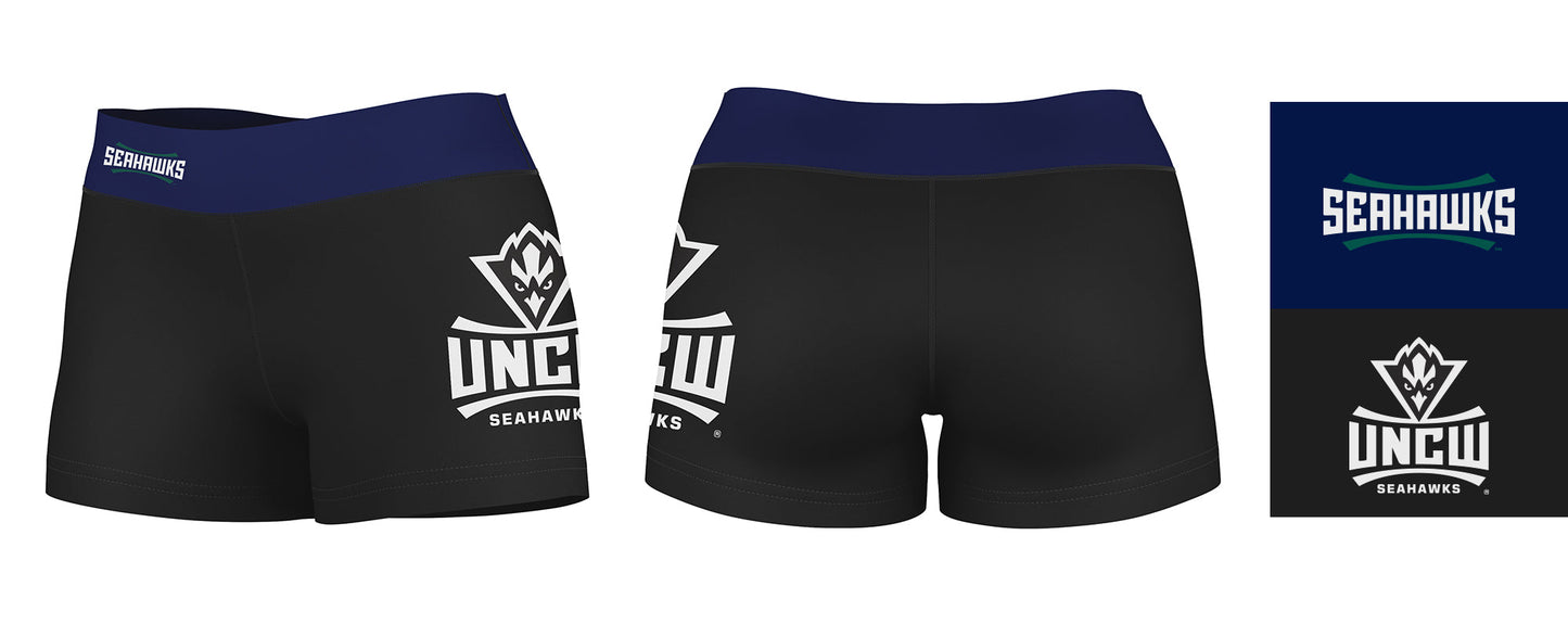 UNC Wilmington Seahawks UNCW Logo on Thigh & Waistband Black & Blue Women Yoga Booty Workout Shorts 3.75 Inseam - Vive La F̻te - Online Apparel Store