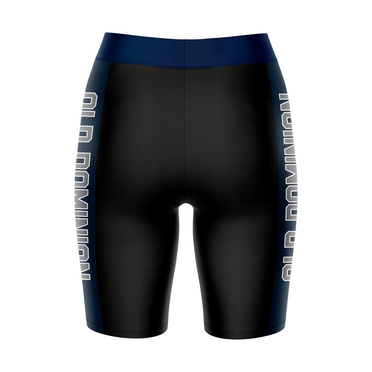 Old Dominion Monarchs Vive La Fete Game Day Logo on Waistband and Navy Stripes Black Women Bike Short 9 Inseam"