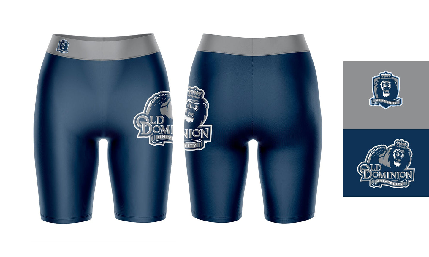 Old Dominion Monarchs Vive La Fete Game Day Logo on Thigh and Waistband Blue and Gray Women Bike Short 9 Inseam