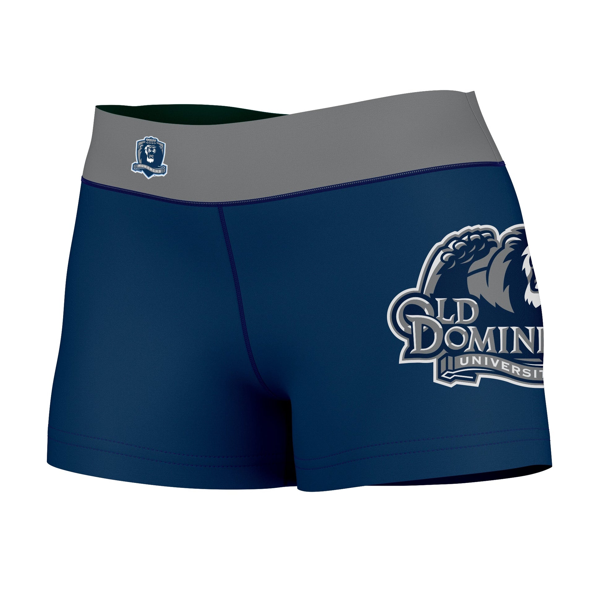 Old Dominion Monarchs Vive La Fete Logo on Thigh & Waistband Blue Gray Women Yoga Booty Workout Shorts 3.75 Inseam