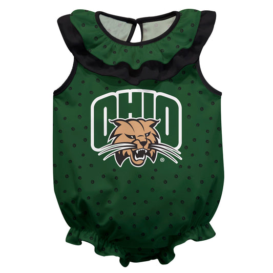 Ohio University Bobcats Swirls Green Sleeveless Ruffle One Piece Jumpsuit Logo Bodysuit by Vive La Fete