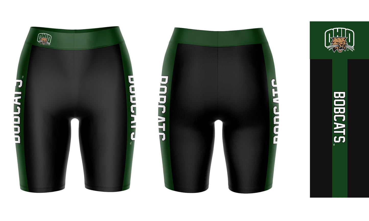 Ohio University Bobcats Vive La Fete Game Day Logo on Waistband and Green Stripes Black Women Bike Short 9 Inseam"