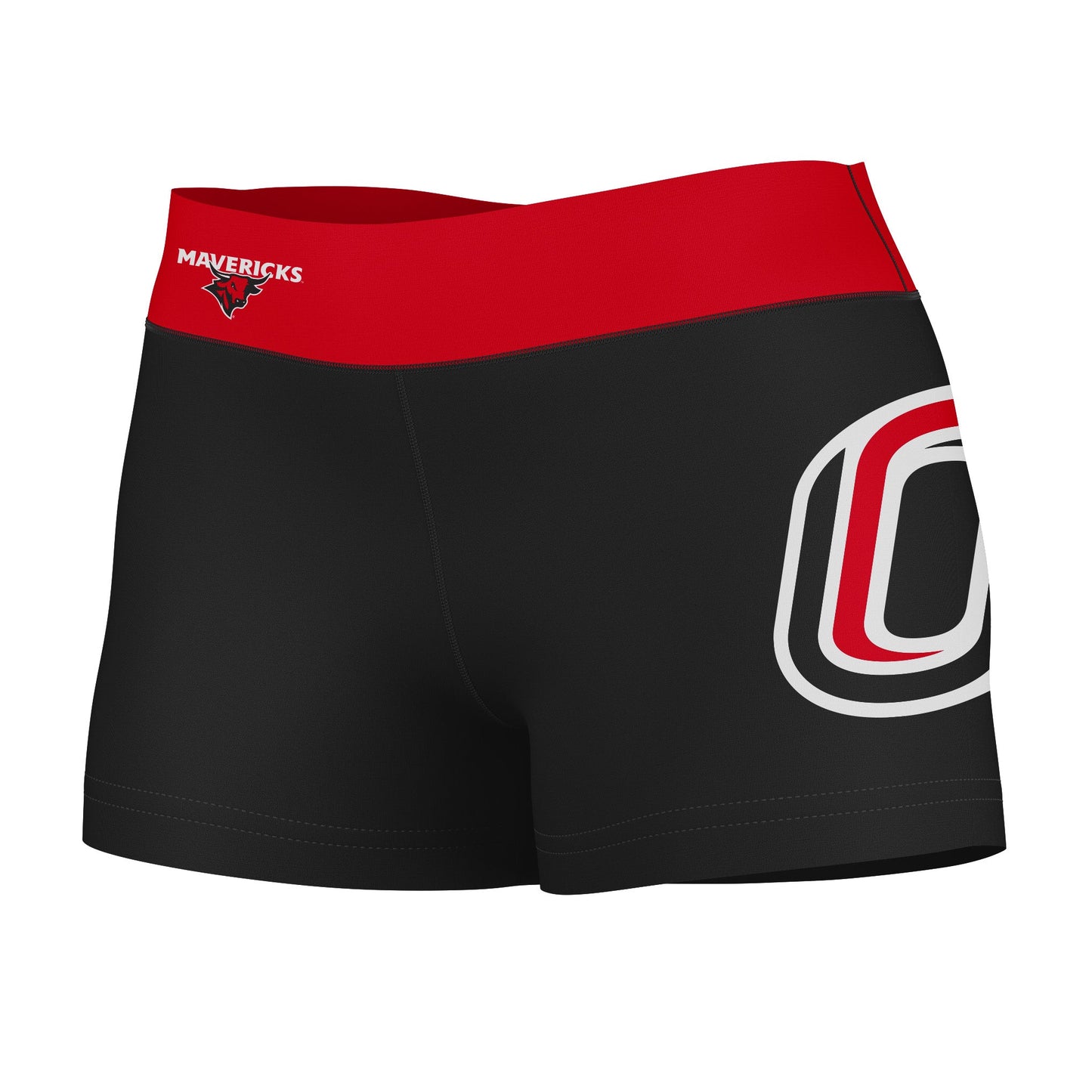 Omaha Mavericks Vive La Fete Game Day Logo on Thigh & Waistband Black & Red Women Yoga Booty Workout Shorts 3.75 Inseam