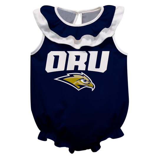 Oral Roberts University Golden Eagles Navy Sleeveless Ruffle One Piece Jumpsuit Logo Bodysuit by Vive La Fete