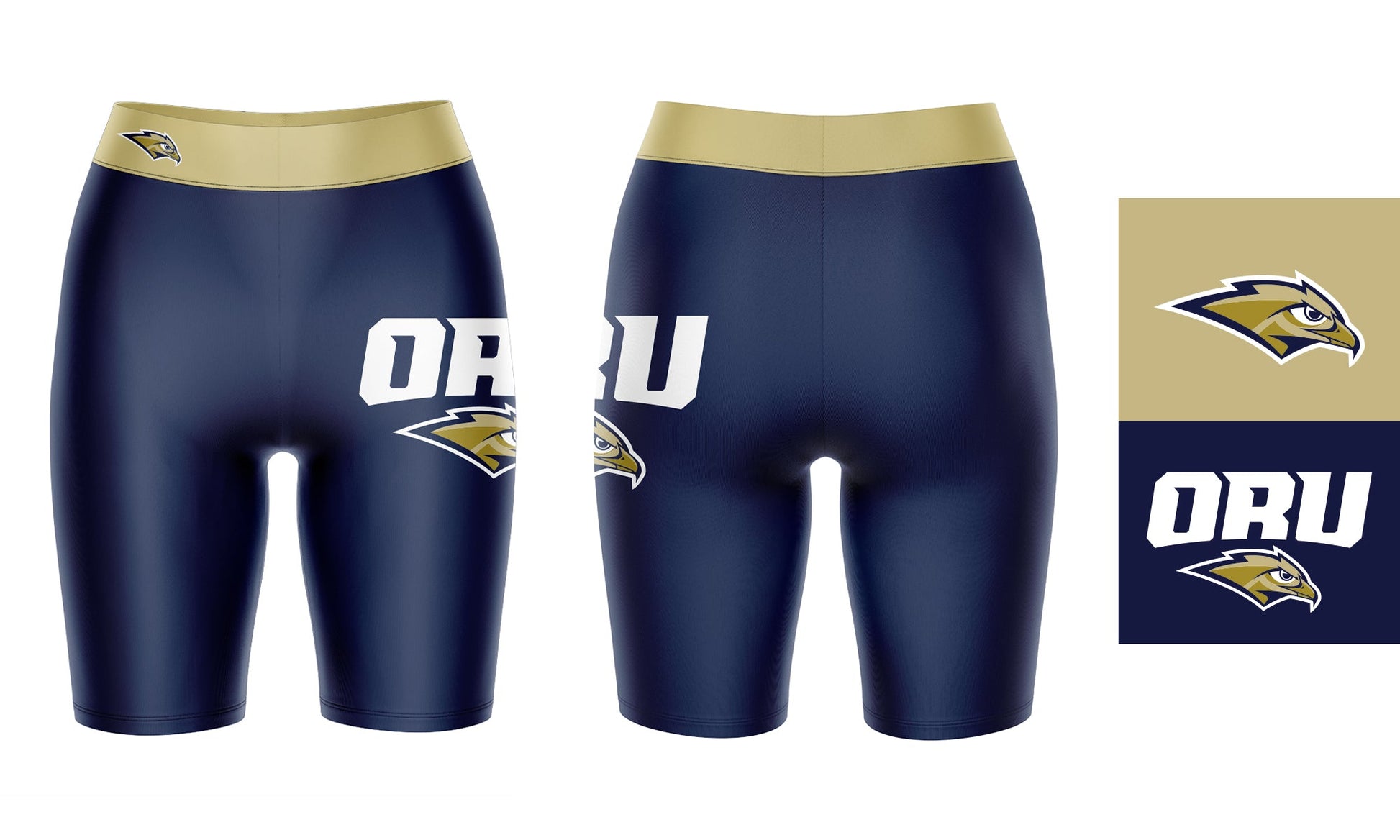 Oral Roberts Golden Eagles Vive La Fete Game Day Logo on Thigh and Waistband Navy and Gold Women Bike Short 9 Inseam