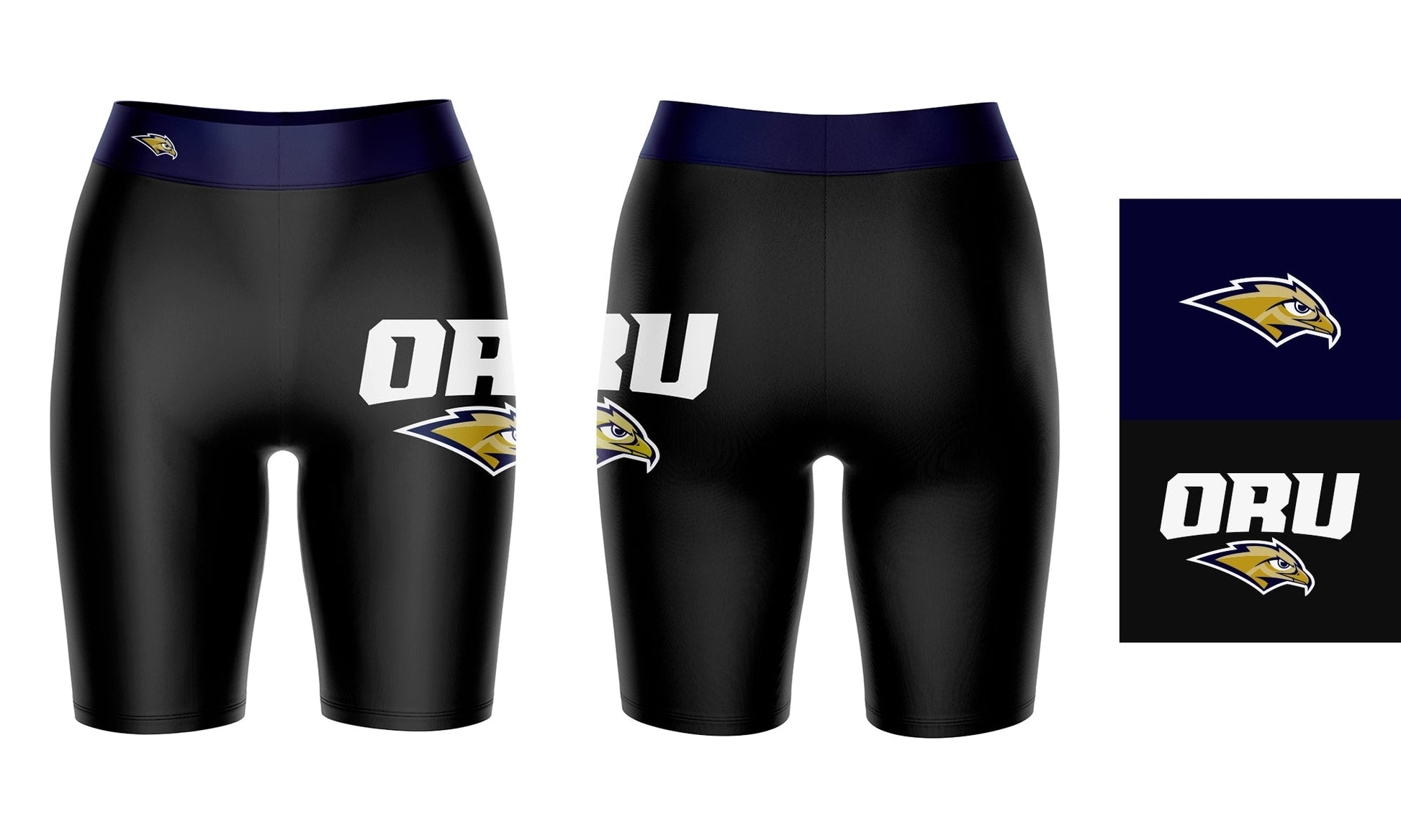 Oral Roberts Golden Eagles Vive La Fete Game Day Logo on Thigh and Waistband Black and Navy Women Bike Short 9 Inseam