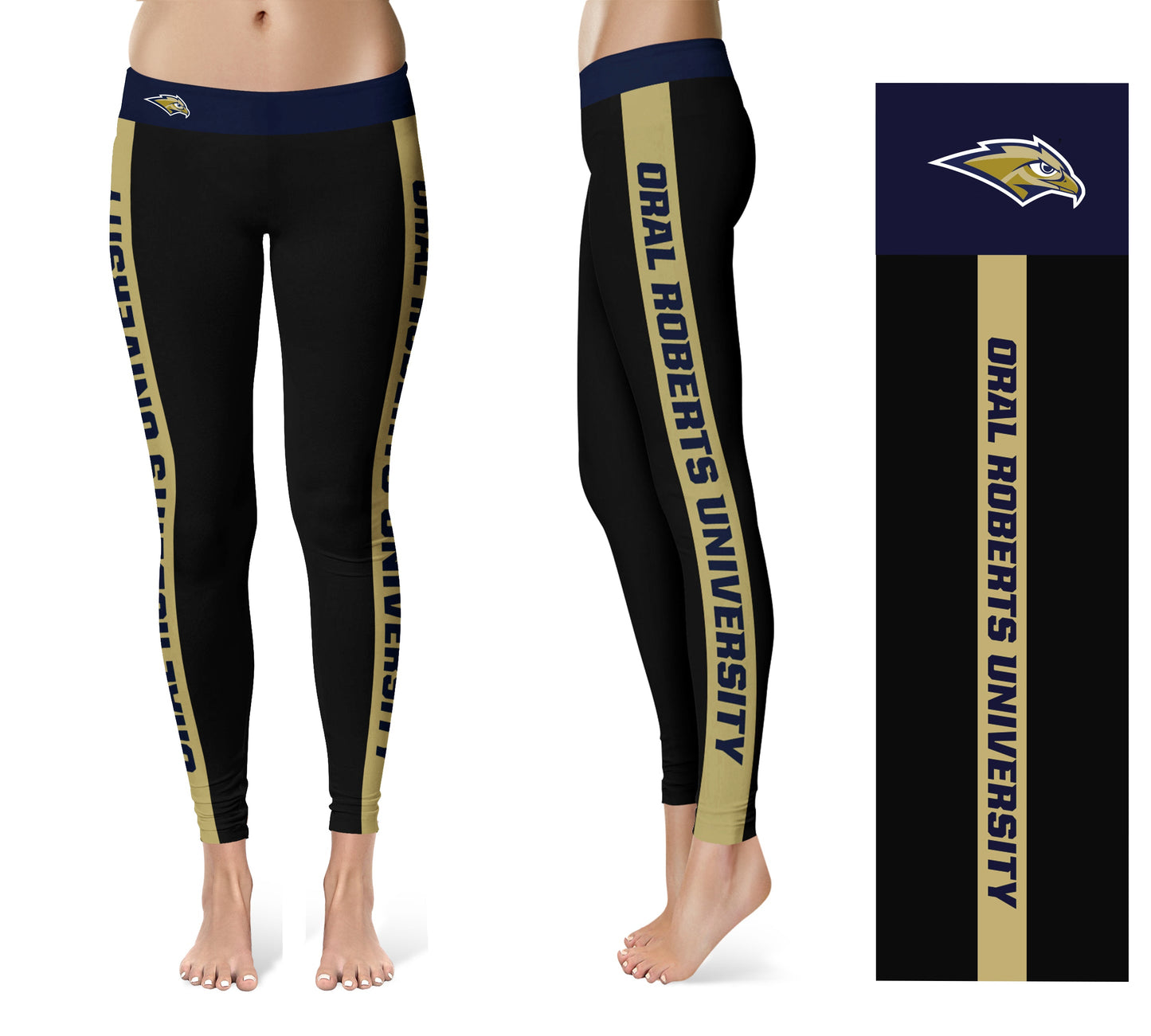 Oral Roberts Golden Eagles Vive La Fete Game Day Collegiate Gold Stripes Women Black Yoga Leggings 2 Waist Tights