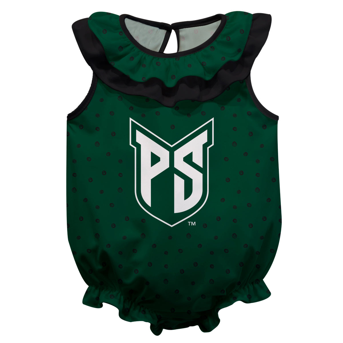 Portland State Vikings Swirls Green Sleeveless Ruffle One Piece Jumpsuit Logo Bodysuit by Vive La Fete