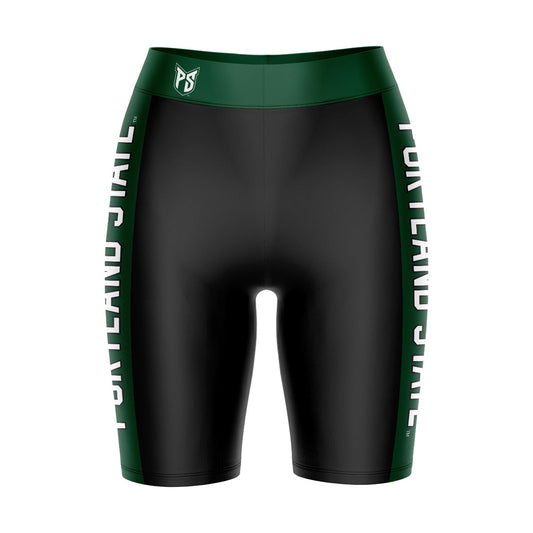 Portland State Vikings Vive La Fete Game Day Logo on Waistband and Green Stripes Black Women Bike Short 9 Inseam