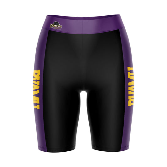Praire View A&M Panthers Vive La Fete Game Day Logo on Waistband and Purple Stripes Black Women Bike Short 9 Inseam