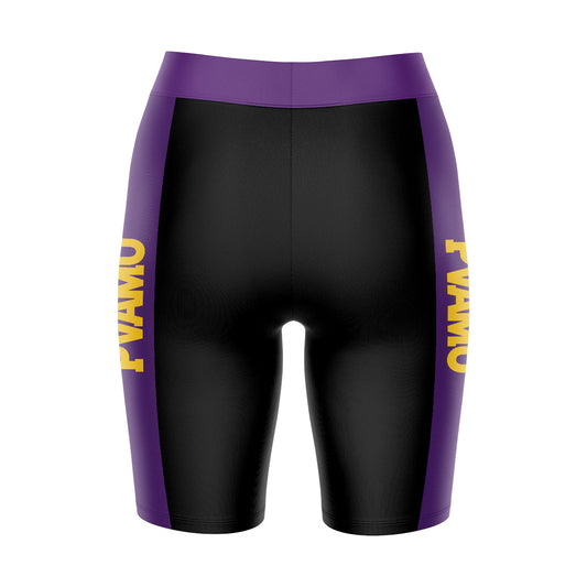 Mouseover Image, Praire View A&M Panthers Vive La Fete Game Day Logo on Waistband and Purple Stripes Black Women Bike Short 9 Inseam