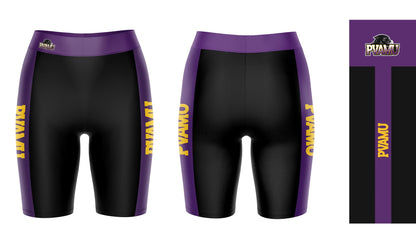 Praire View A&M Panthers Vive La Fete Game Day Logo on Waistband and Purple Stripes Black Women Bike Short 9 Inseam
