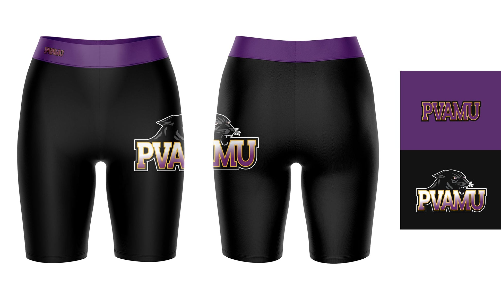 Prairie View A&M Panthers PVAMU Vive La Fete Logo on Thigh and Waistband Black and Purple Women Bike Short 9 Inseam