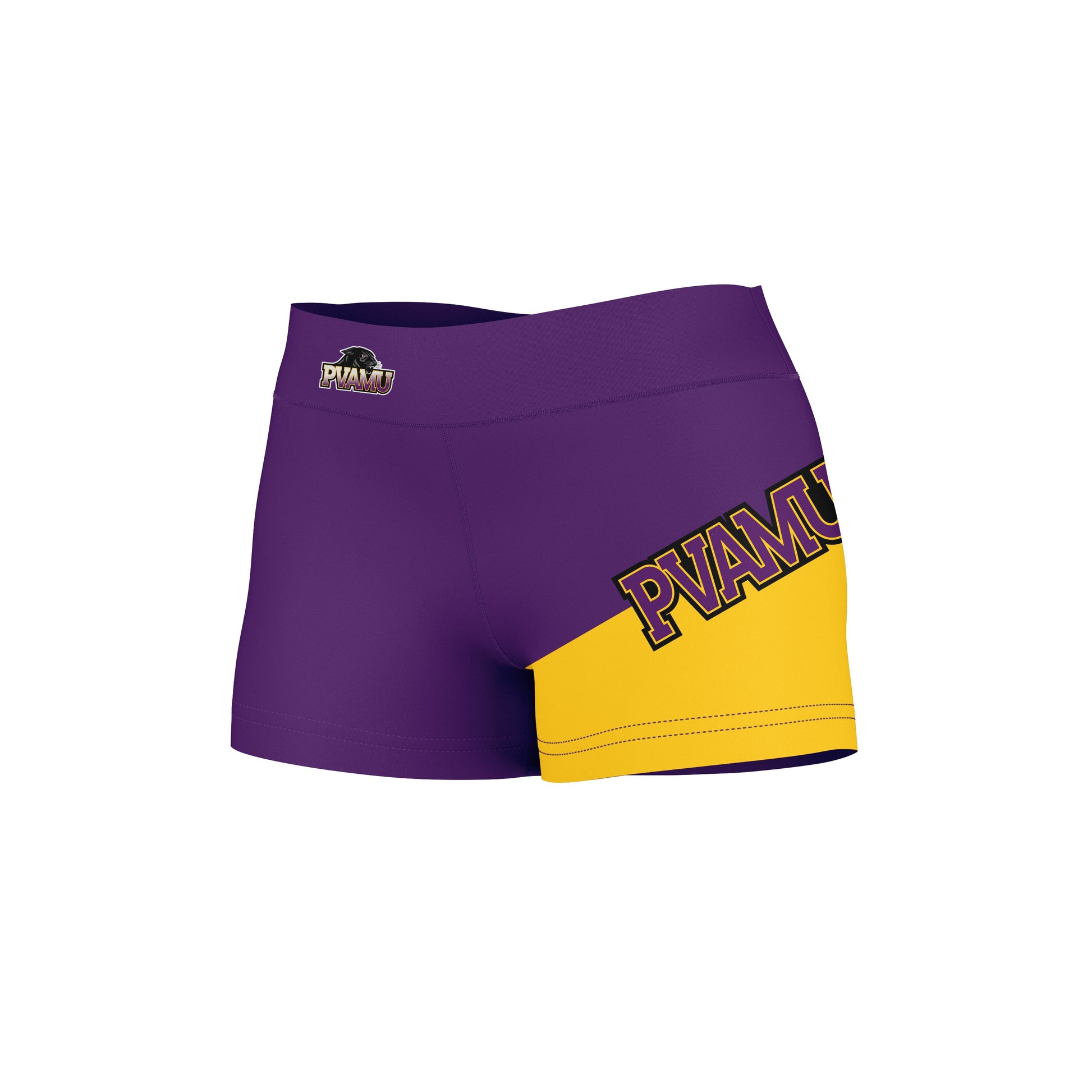 Prairie View A&M Panthers PVAMU Vive La Fete Game Day Collegiate Leg Color Block Women Purple Gold Optimum Yoga Short - Vive La F̻te - Online Apparel Store