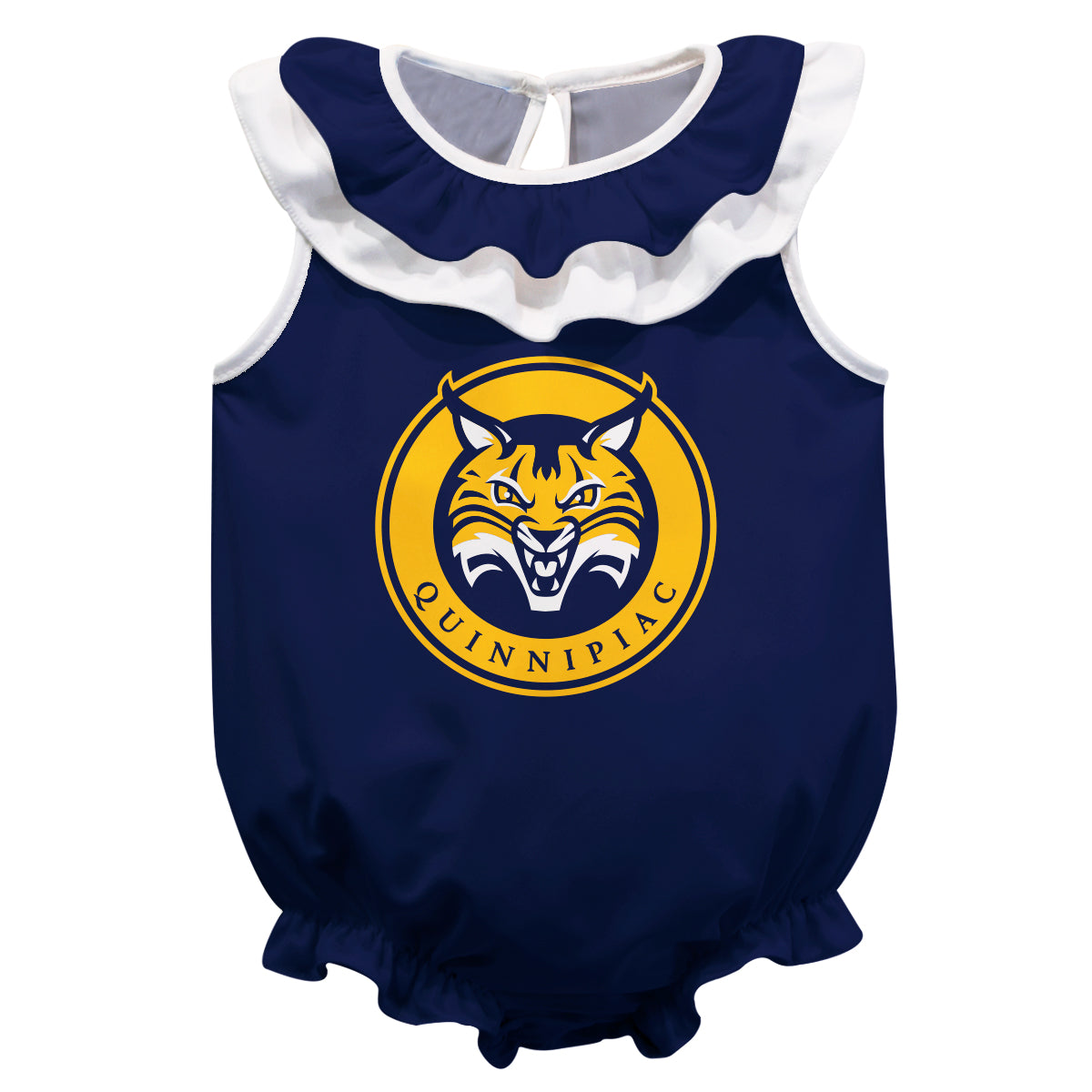 Quinnipiac University Bobcats Navy Sleeveless Ruffle One Piece Jumpsuit Logo Bodysuit by Vive La Fete