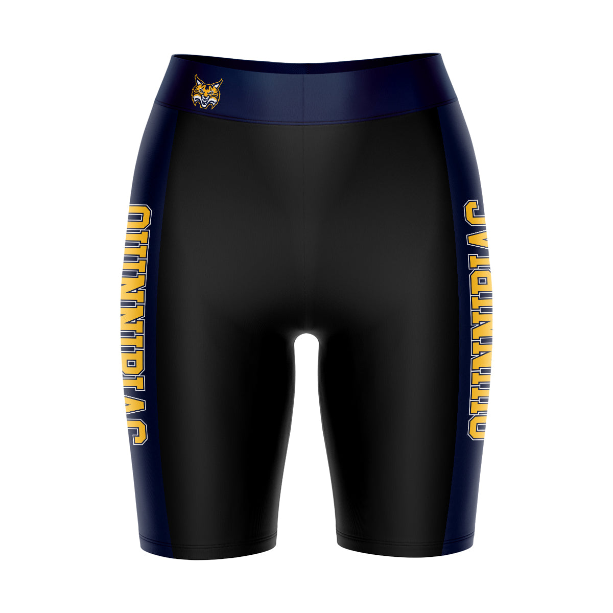 Quinnipiac Bobcats Vive La Fete Game Day Logo on Waistband and Navy Stripes Black Women Bike Short 9 Inseam