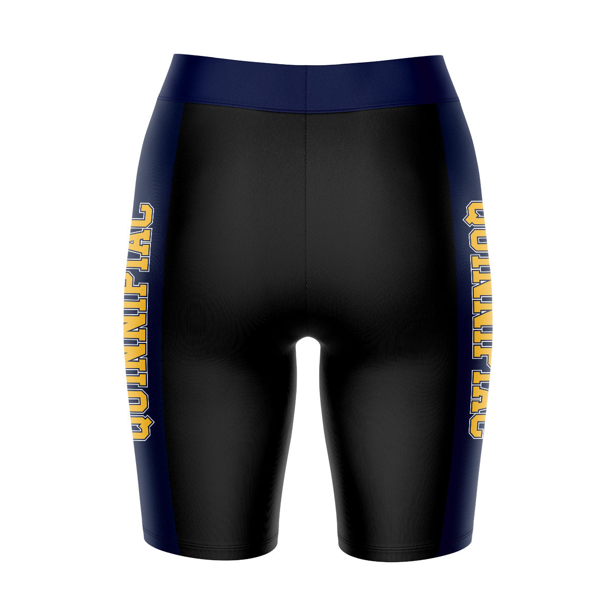 Quinnipiac Bobcats Vive La Fete Game Day Logo on Waistband and Navy Stripes Black Women Bike Short 9 Inseam