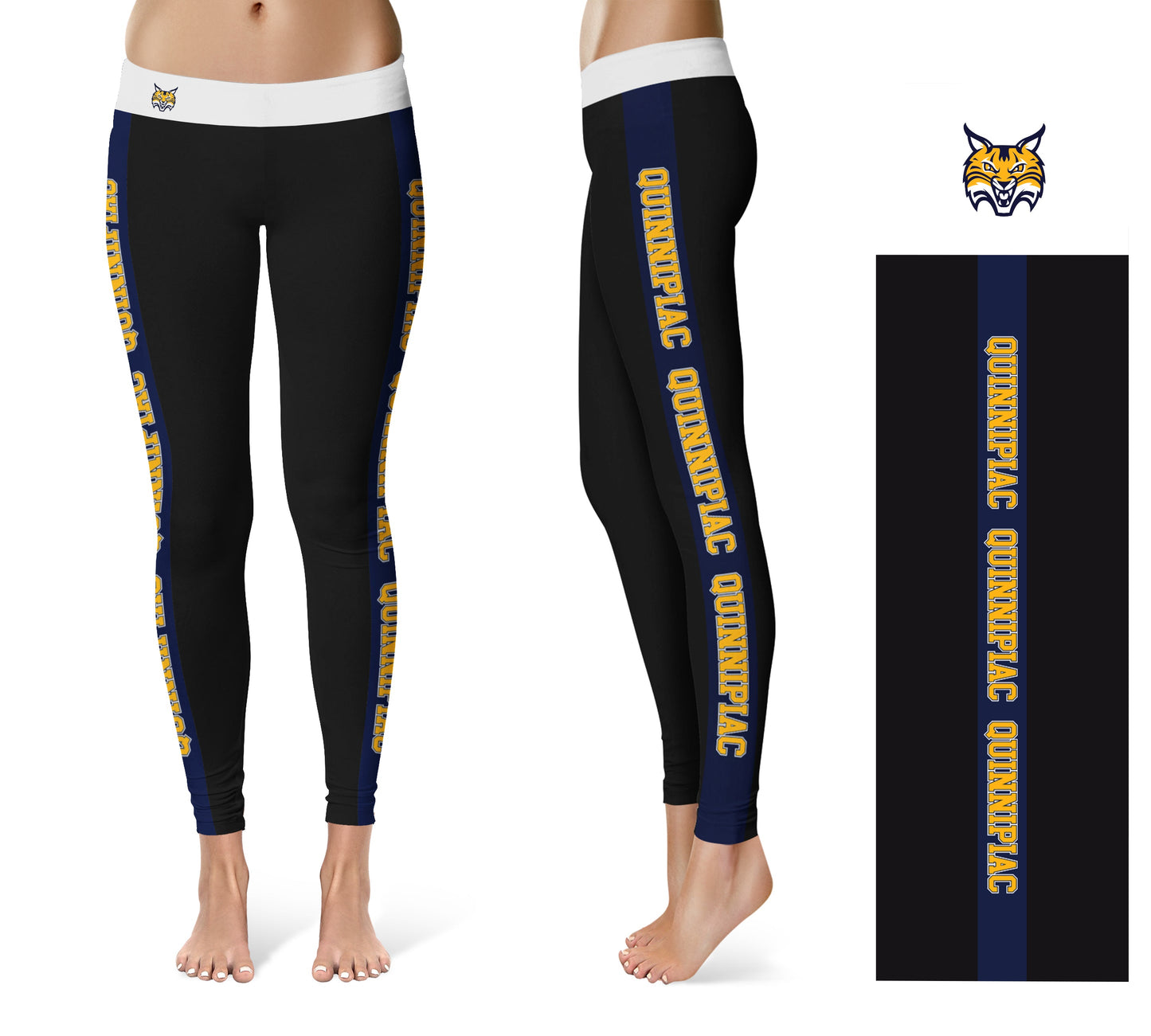 Quinnipiac Bobcats Vive La Fete Game Day Collegiate Navy Stripes Women Black Yoga Leggings 2 Waist Tights