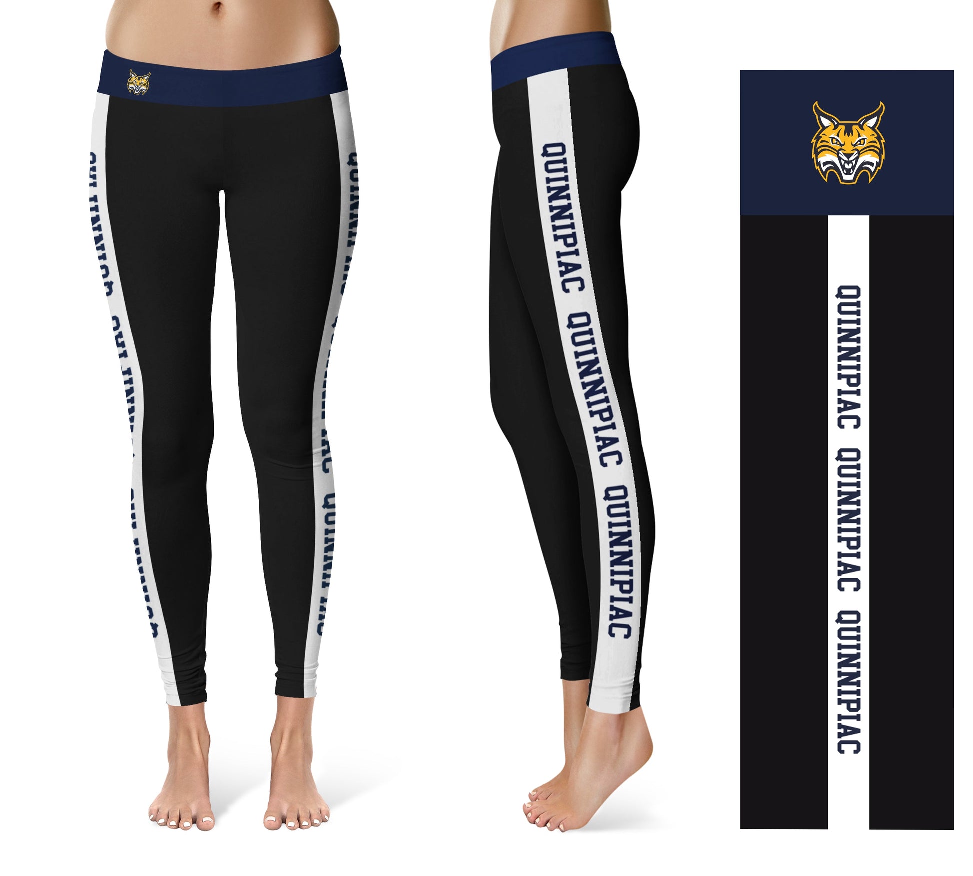 Quinnipiac Bobcats Vive La Fete Game Day Collegiate White Stripes Women Black Yoga Leggings 2 Waist Tights