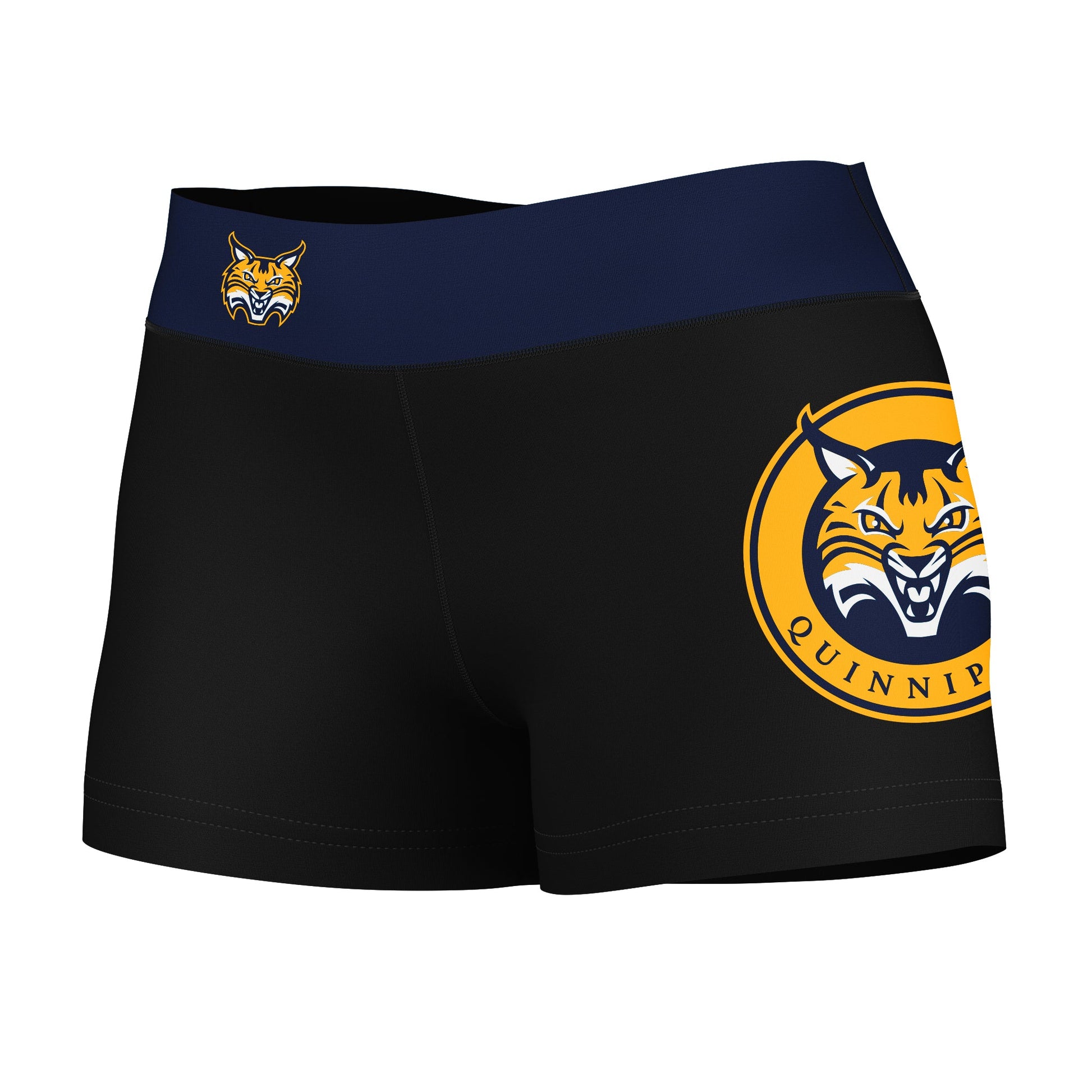 Quinnipiac Bobcats Vive La Fete Logo on Thigh & Waistband Black & Navy Women Yoga Booty Workout Shorts 3.75 Inseam