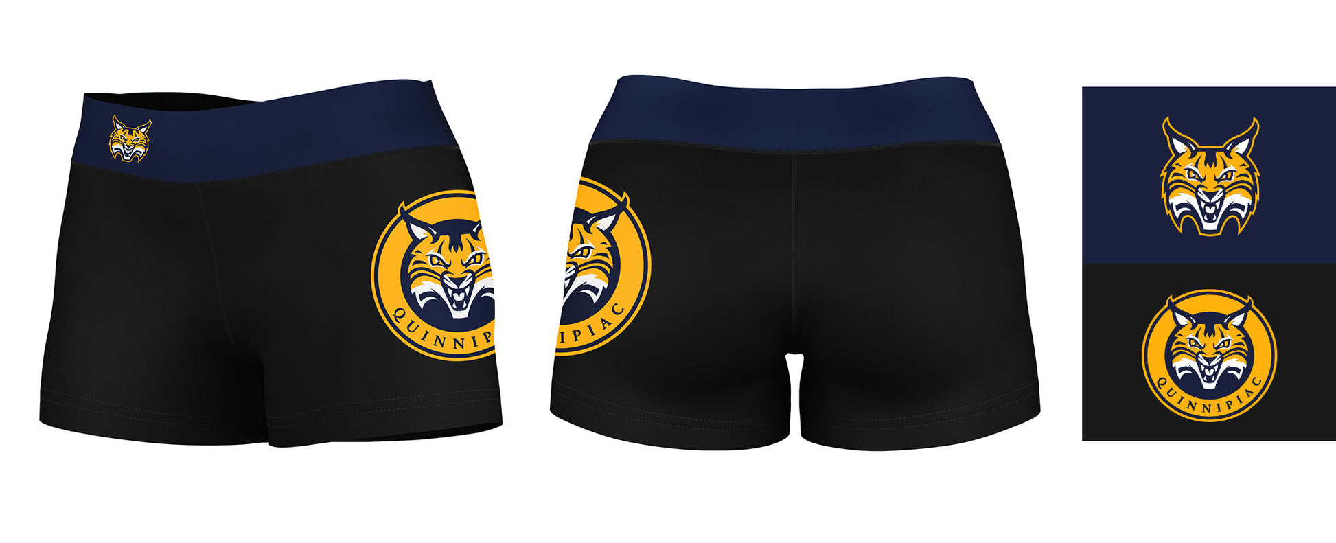 Quinnipiac Bobcats Vive La Fete Logo on Thigh & Waistband Black & Navy Women Yoga Booty Workout Shorts 3.75 Inseam - Vive La F̻te - Online Apparel Store