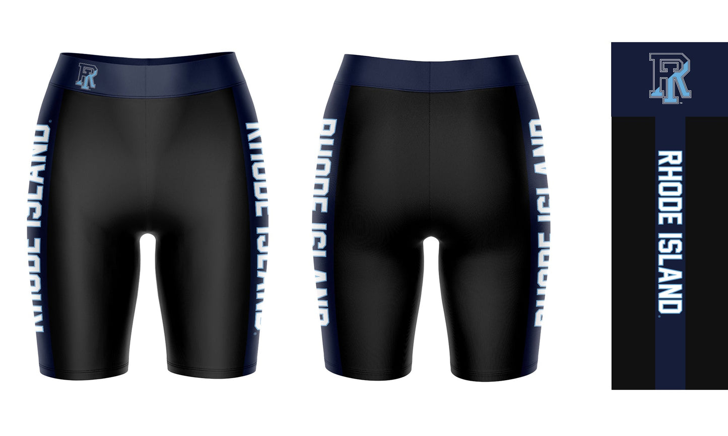 Rhode Island Rams Vive La Fete Game Day Logo on Waistband and Navy Stripes Black Women Bike Short 9 Inseam"