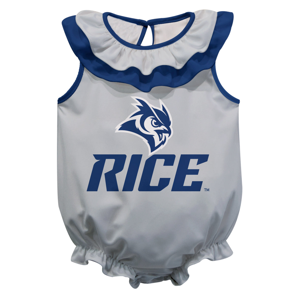 Rice University Owls Gray Sleeveless Ruffle One Piece Jumpsuit Logo Bodysuit by Vive La Fete