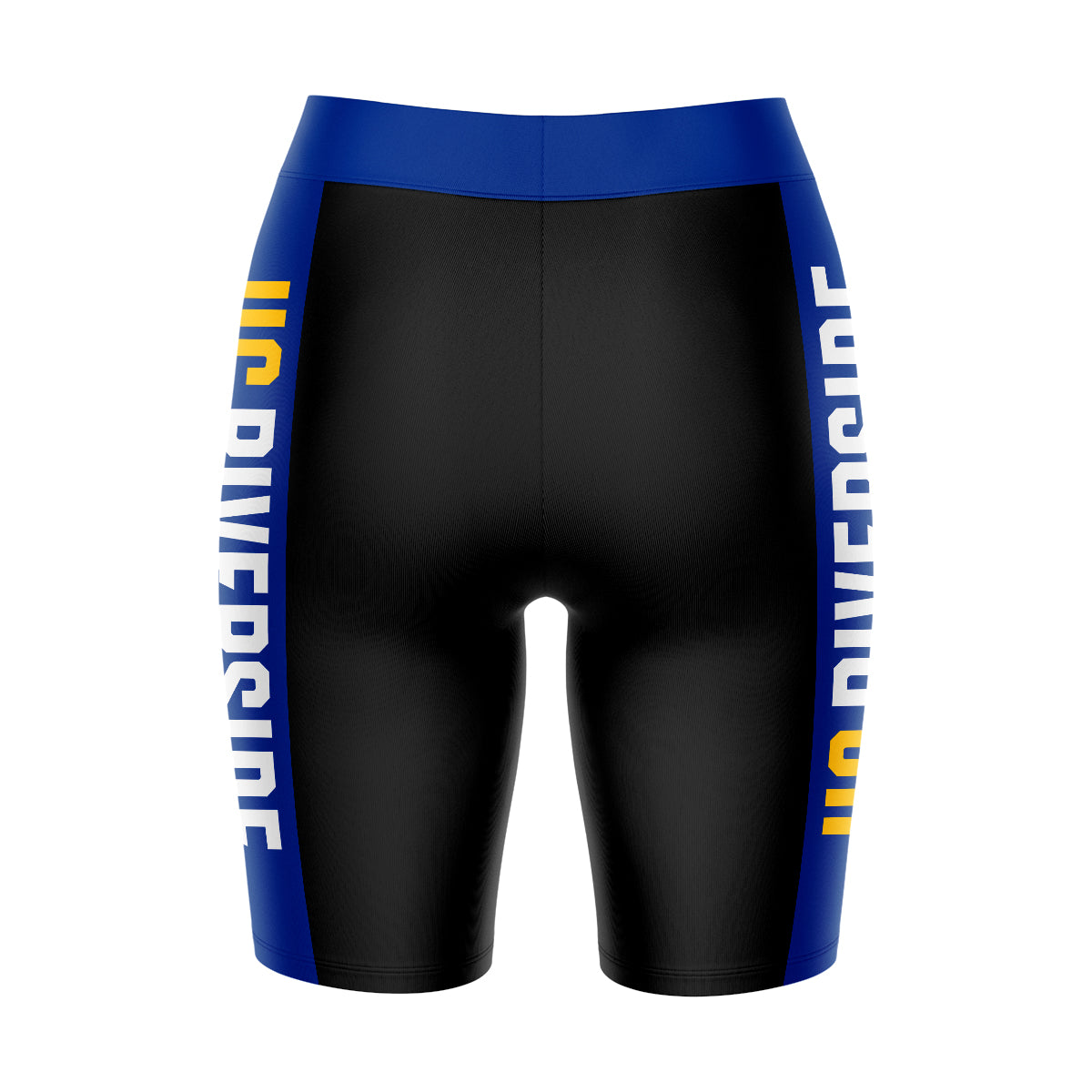 UC Riverside The Highlanders Vive La Fete Game Day Logo on Waistband and Blue Stripes Black Women Bike Short 9 Inseam