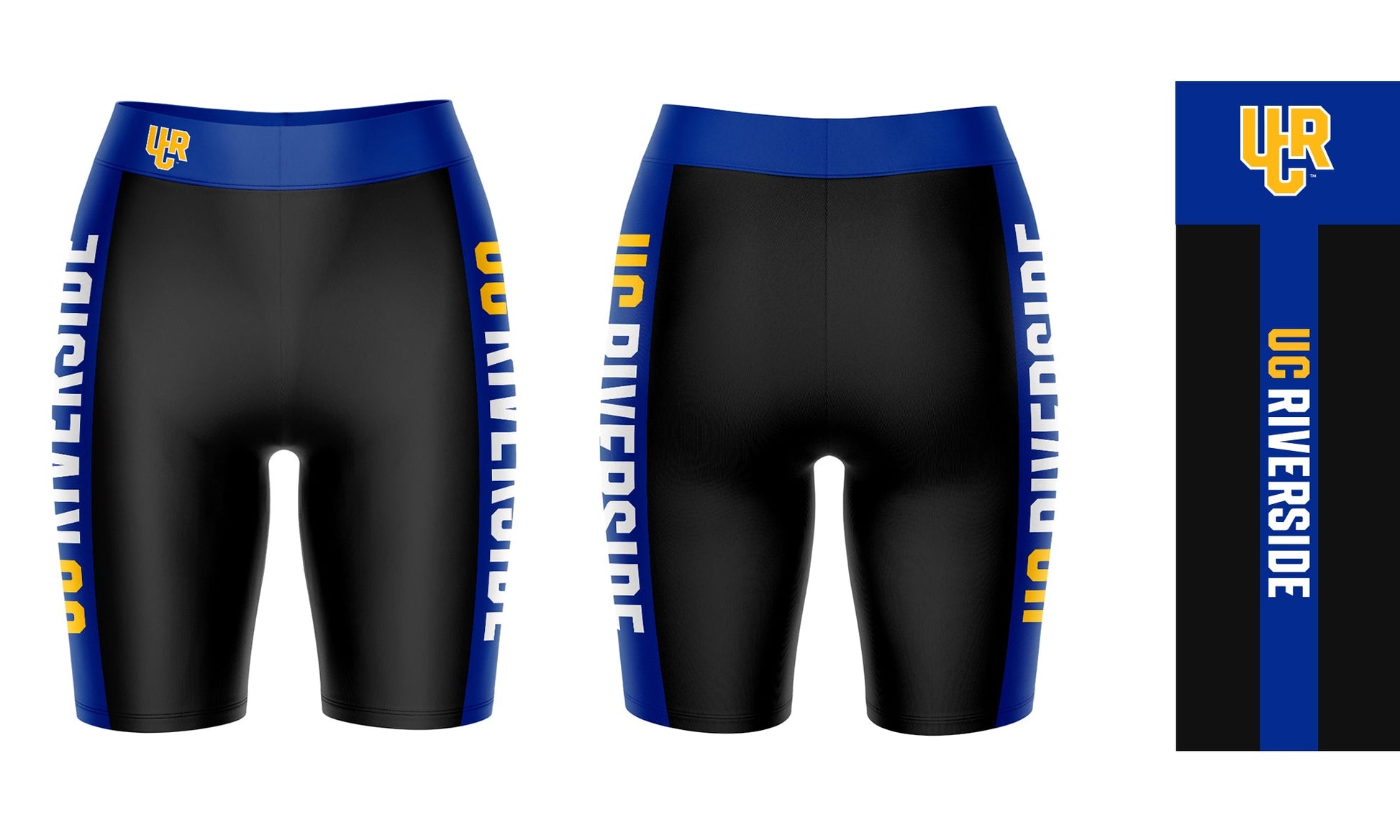 UC Riverside The Highlanders Vive La Fete Game Day Logo on Waistband and Blue Stripes Black Women Bike Short 9 Inseam