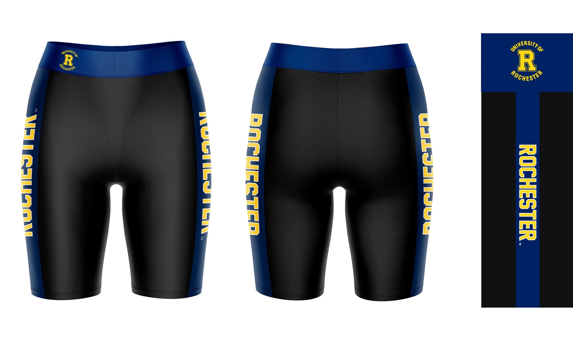 Rochester Yellowjackets Vive La Fete Game Day Logo on Waistband and Blue Stripes Black Women Bike Short 9 Inseam"