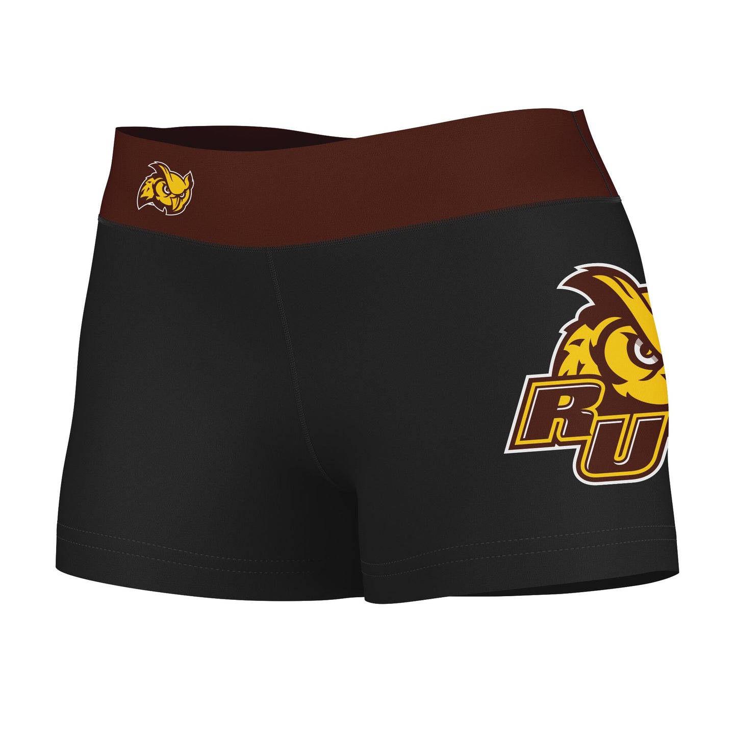 Rowan Profs Vive La Fete Logo on Thigh & Waistband Black & Brown Women Yoga Booty Workout Shorts 3.75 Inseam