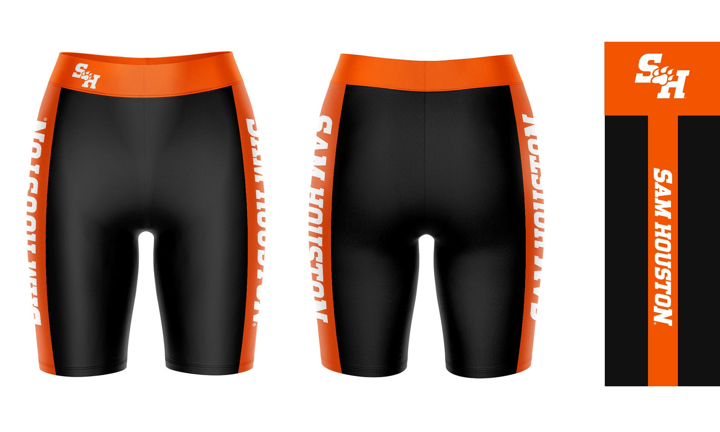 Sam Houston Bearcats Vive La Fete Game Day Logo on Waistband and Orange Stripes Black Women Bike Short 9 Inseam"