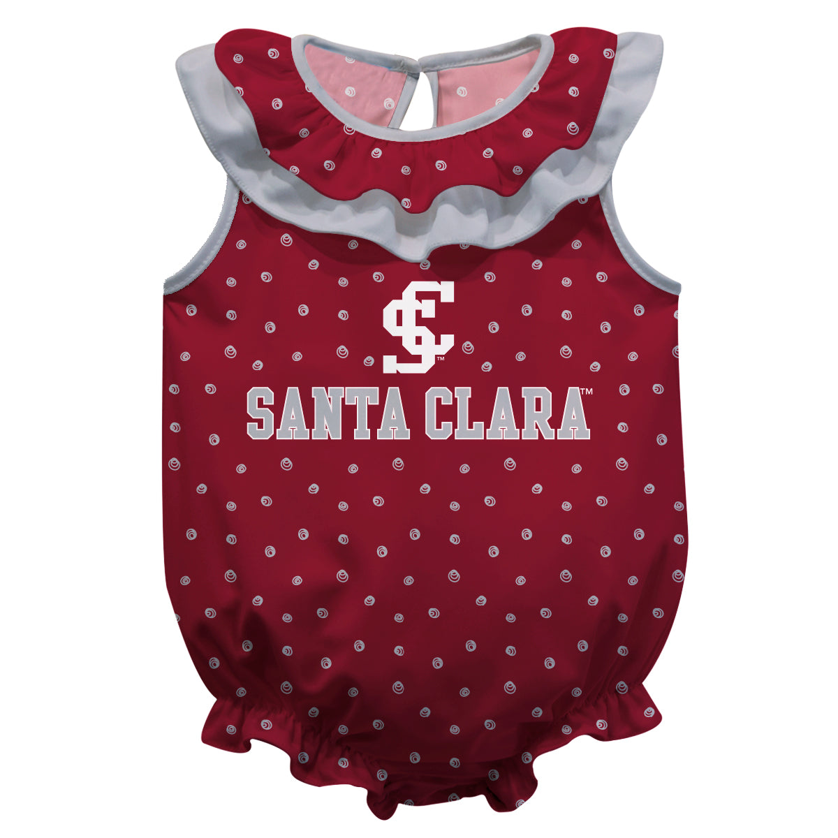 Santa Clara Broncos SCU Swirls Maroon Sleeveless Ruffle One Piece Jumpsuit Logo Bodysuit by Vive La Fete